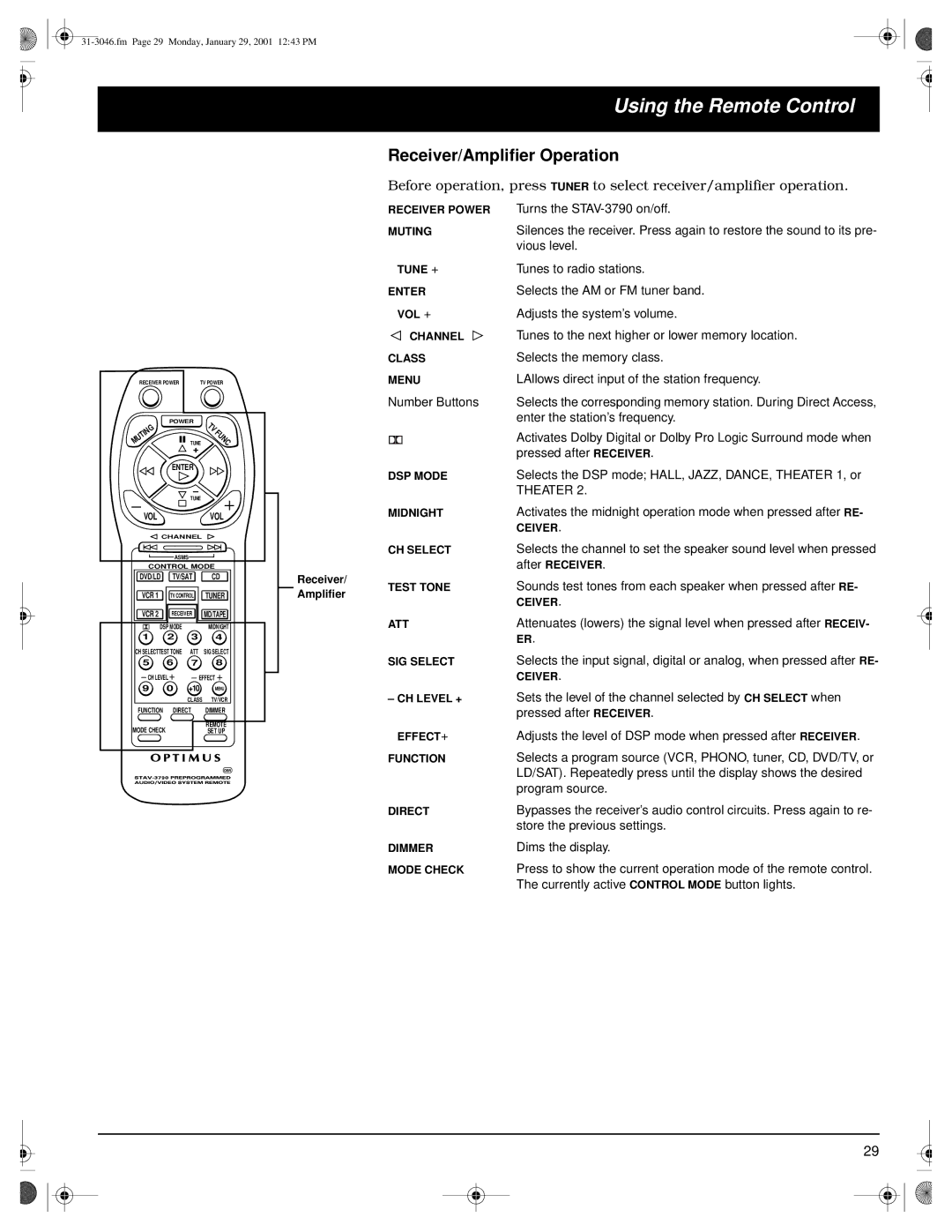 Optimus STAV-3790 owner manual Using the Remote Control, Receiver/Amplifier Operation 