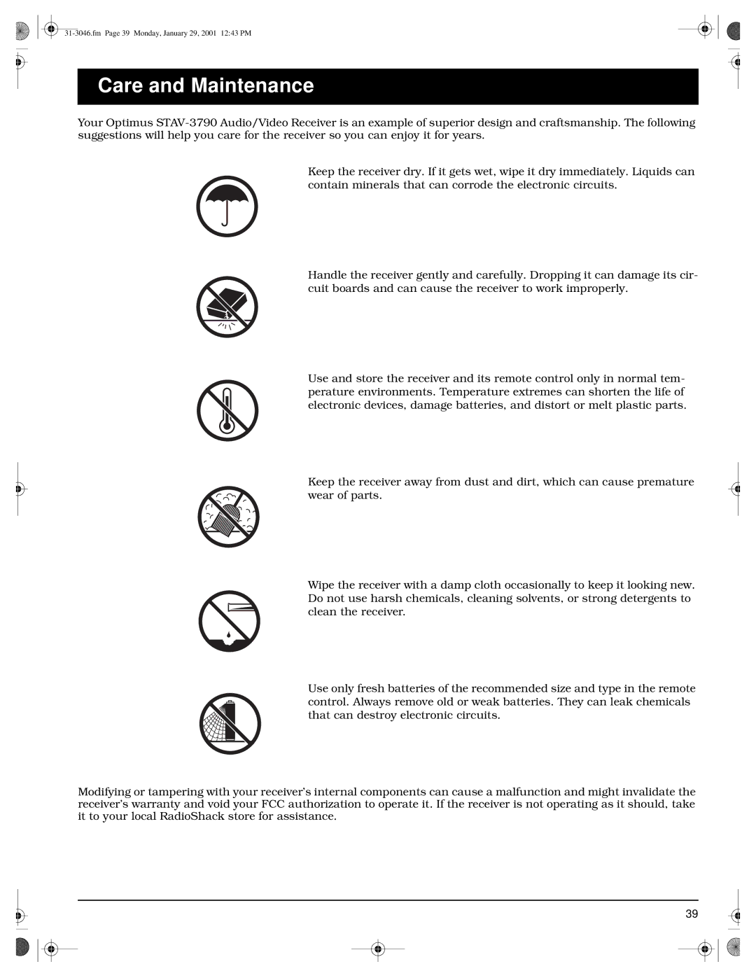 Optimus STAV-3790 owner manual Care and Maintenance 