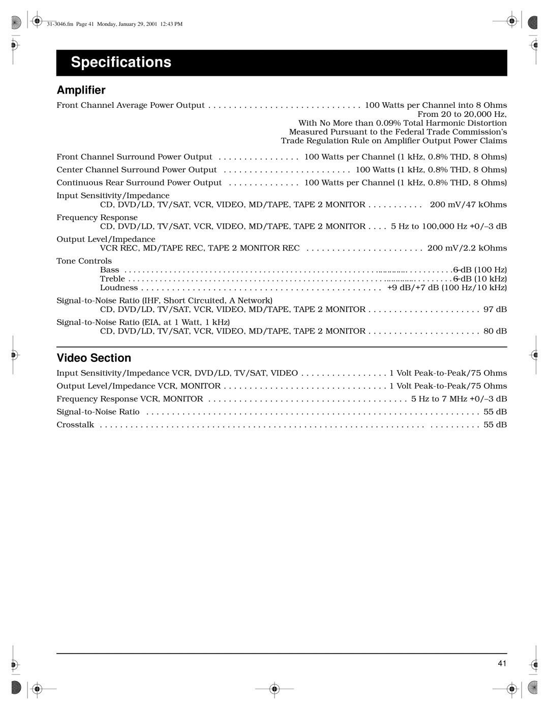 Optimus STAV-3790 owner manual Specifications, Amplifier, Video Section 