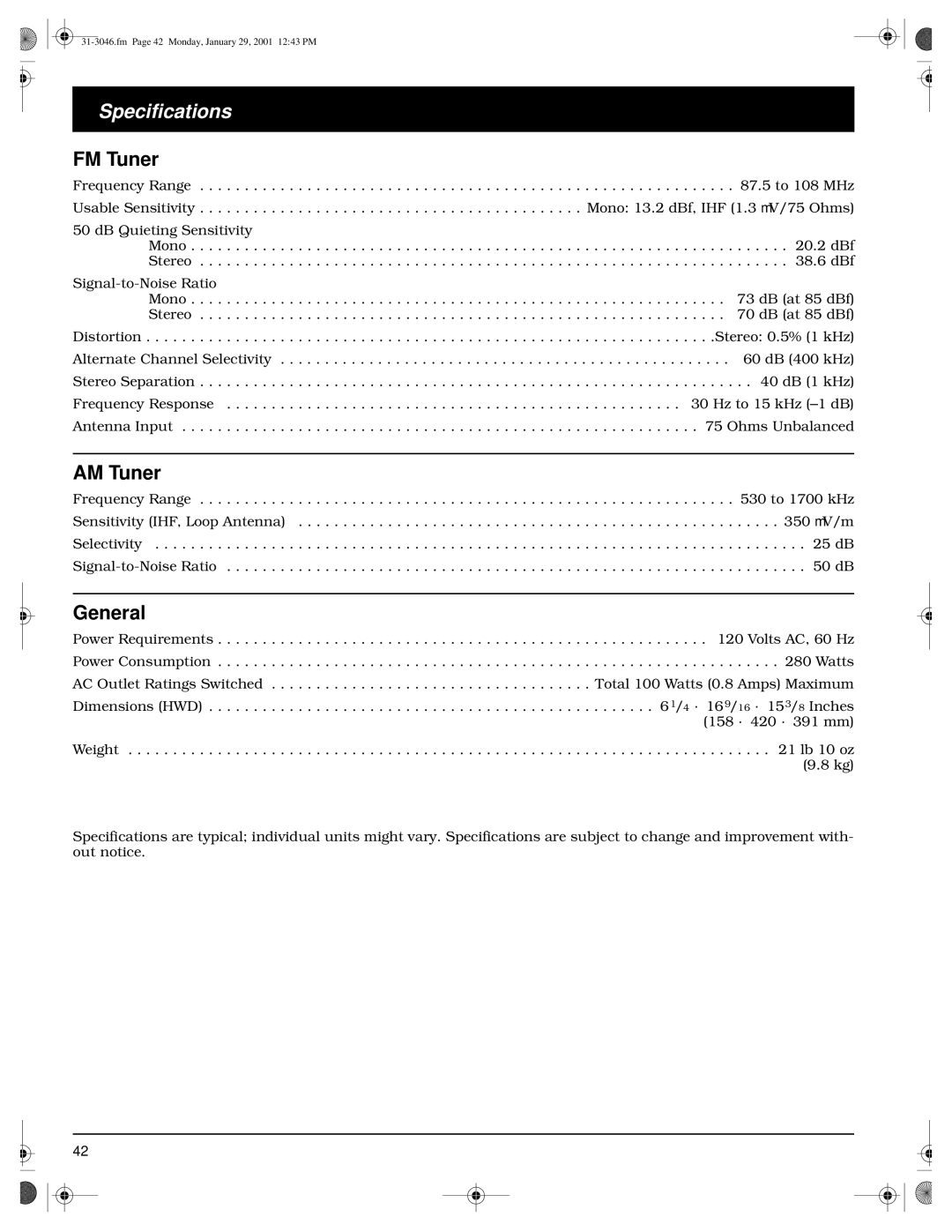 Optimus STAV-3790 owner manual Specifications, FM Tuner, AM Tuner, General 