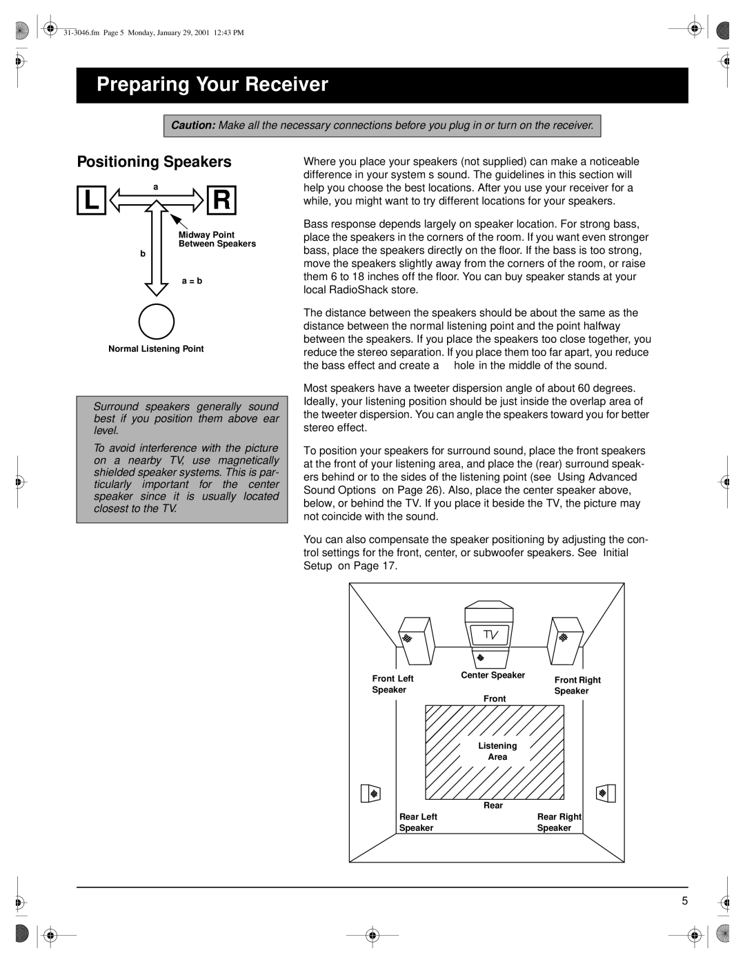 Optimus STAV-3790 owner manual Preparing Your Receiver, Positioning Speakers 