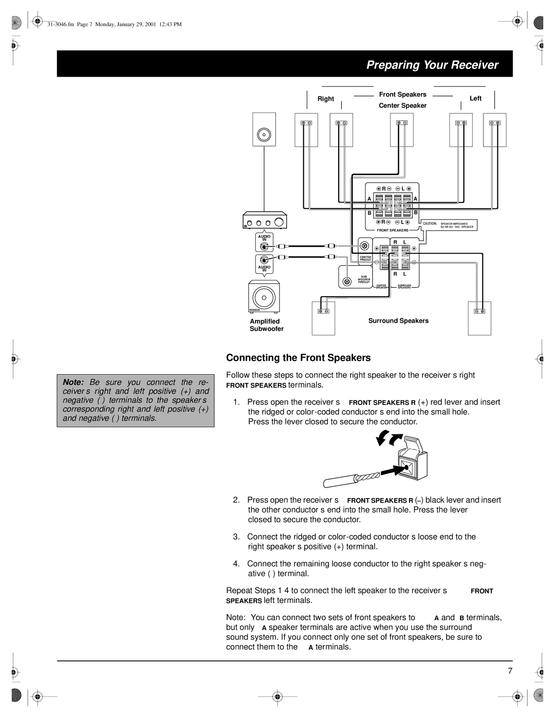 Optimus STAV-3790 owner manual Connecting the Front Speakers 