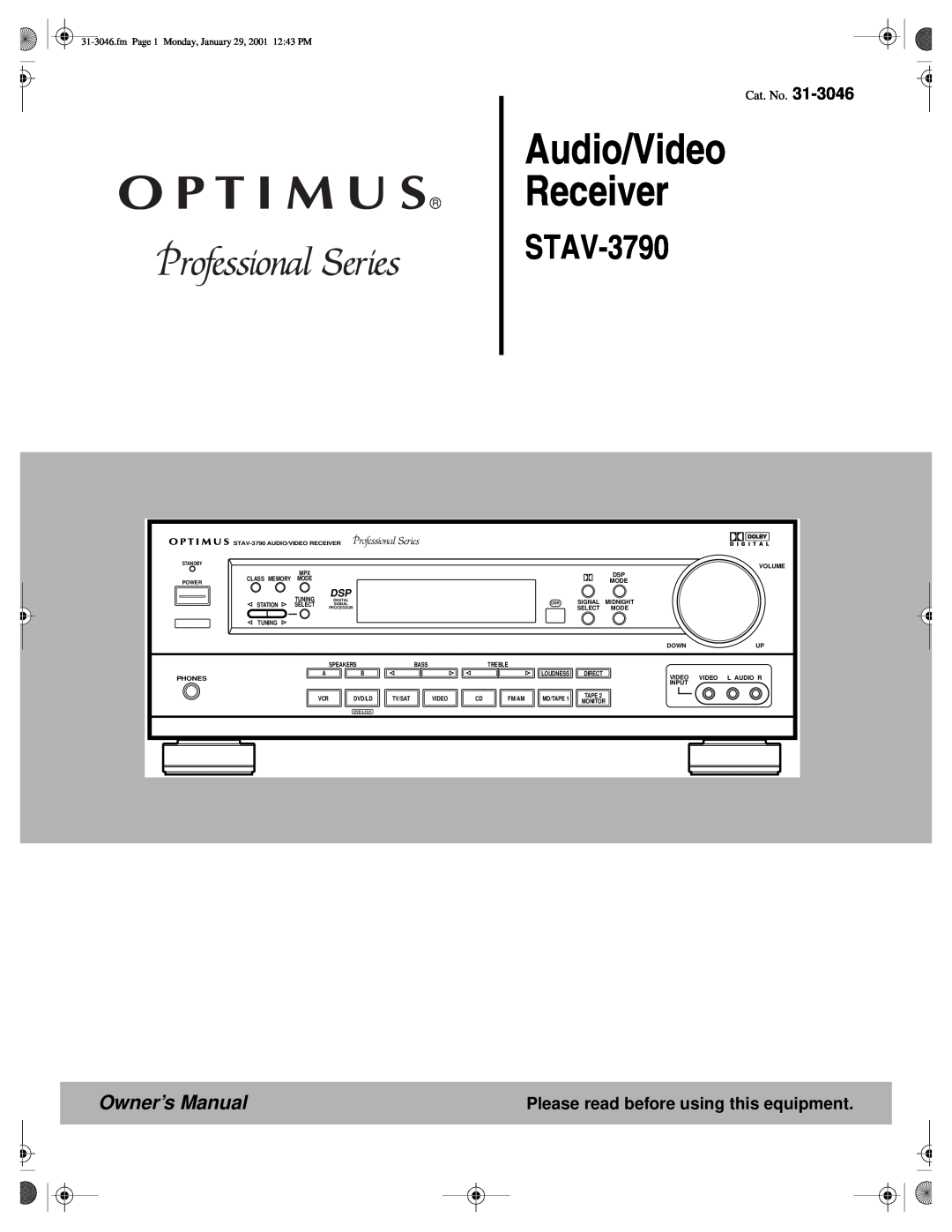 Optimus STAV-3790 owner manual Please read before using this equipment, Audio/Video Receiver, Cat. No 
