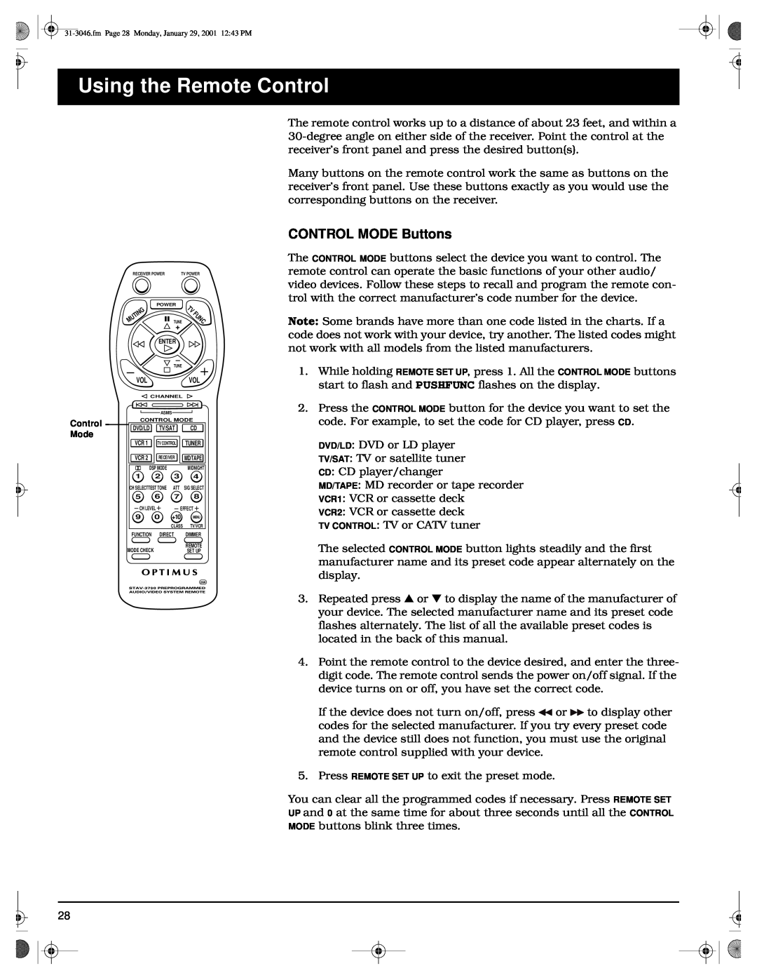 Optimus STAV-3790 owner manual Using the Remote Control, CONTROL MODE Buttons 