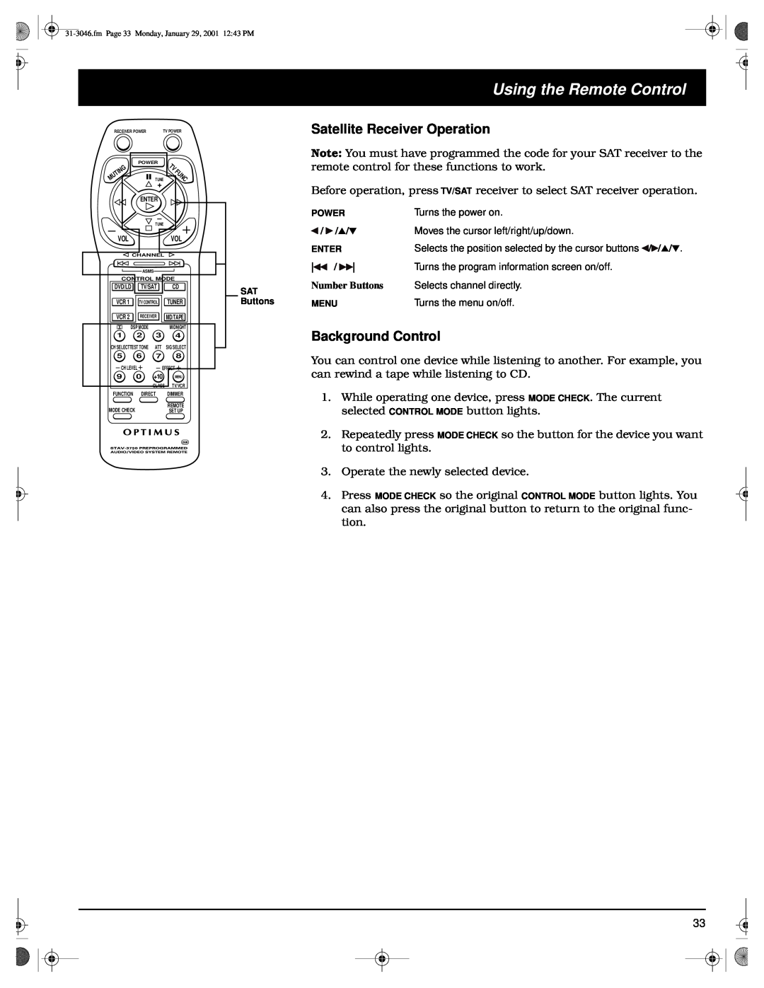 Optimus STAV-3790 owner manual Satellite Receiver Operation, Background Control, Using the Remote Control 