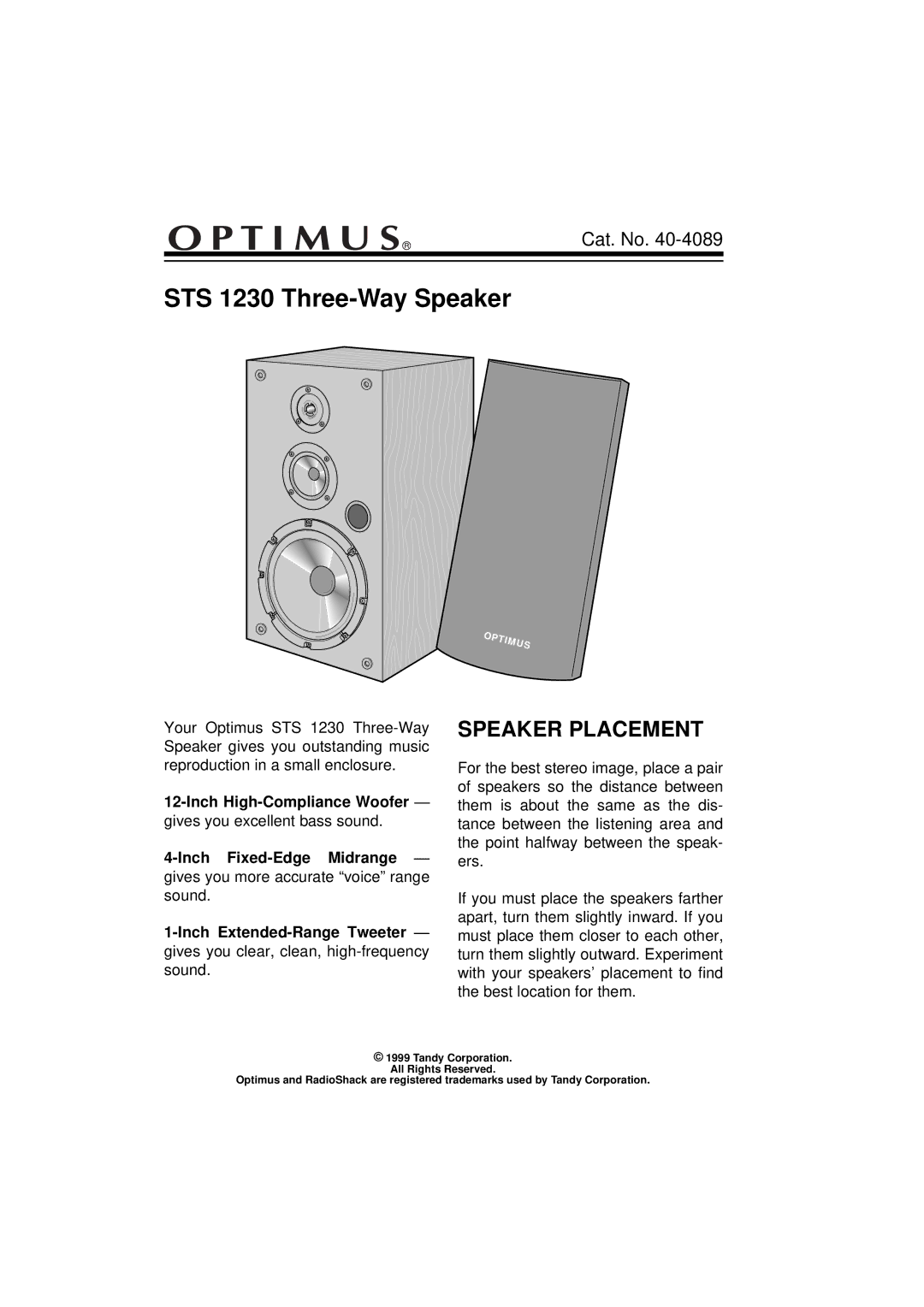 Optimus manual STS 1230 Three-Way Speaker, Speaker Placement 