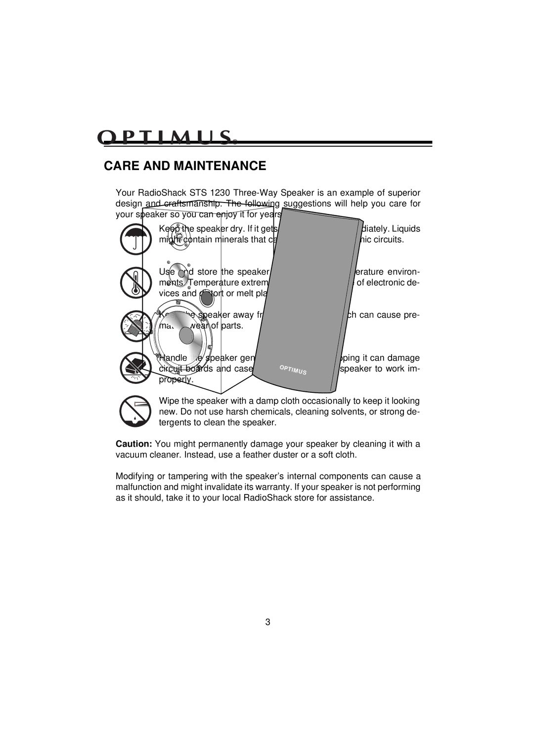 Optimus STS 1230 manual Care and Maintenance 