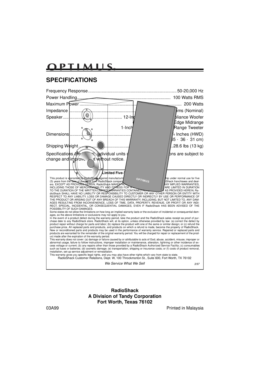 Optimus STS 1230 manual Specifications, Limited Five-Year Warranty 