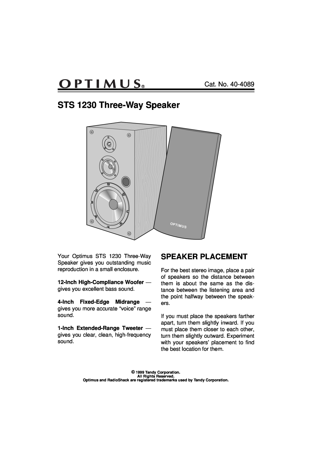 Optimus manual Speaker Placement, STS 1230 Three-WaySpeaker, Cat. No 