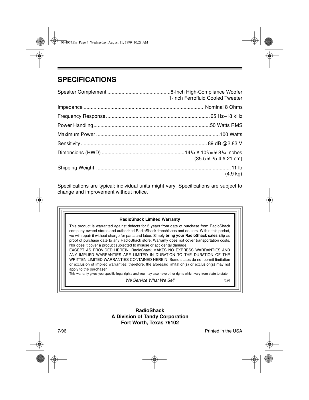 Optimus STS 150 manual Specifications, RadioShack Limited Warranty 