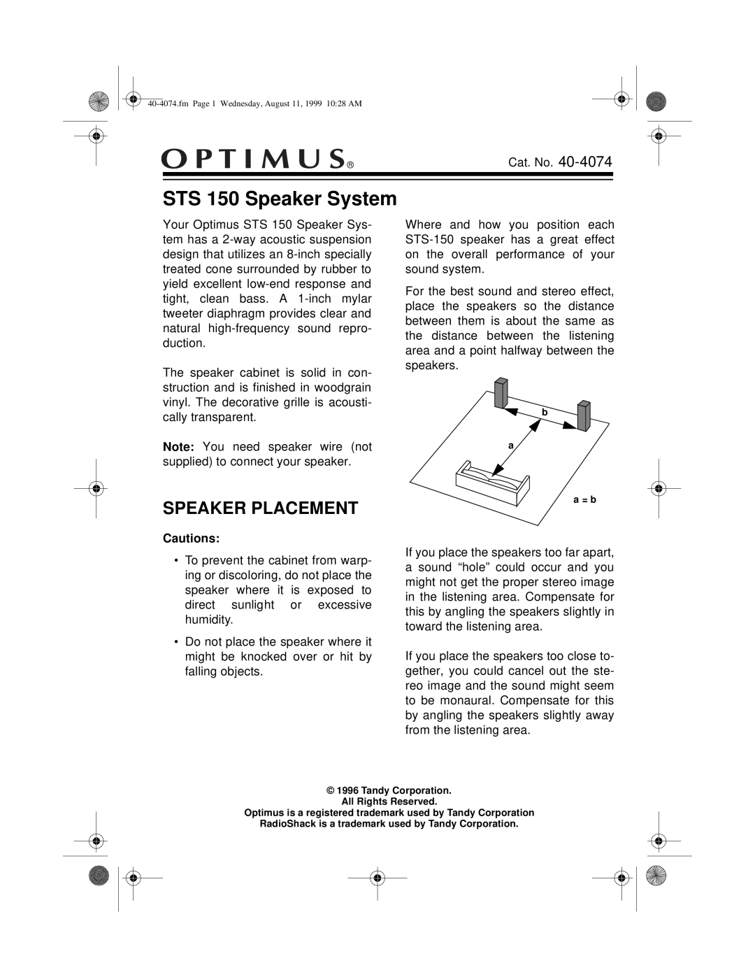 Optimus manual Speaker Placement, Cautions, STS 150 Speaker System 