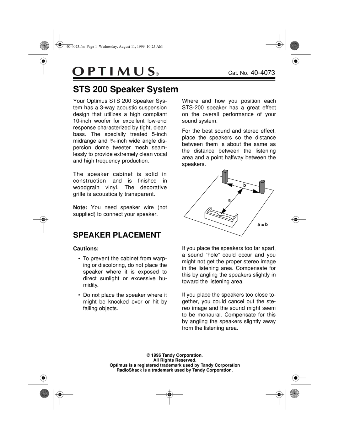 Optimus manual STS 200 Speaker System, Speaker Placement 