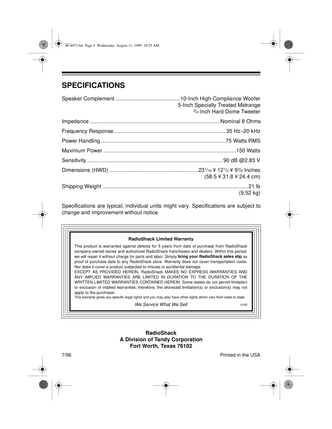 Optimus STS 200 manual Specifications, RadioShack Limited Warranty 