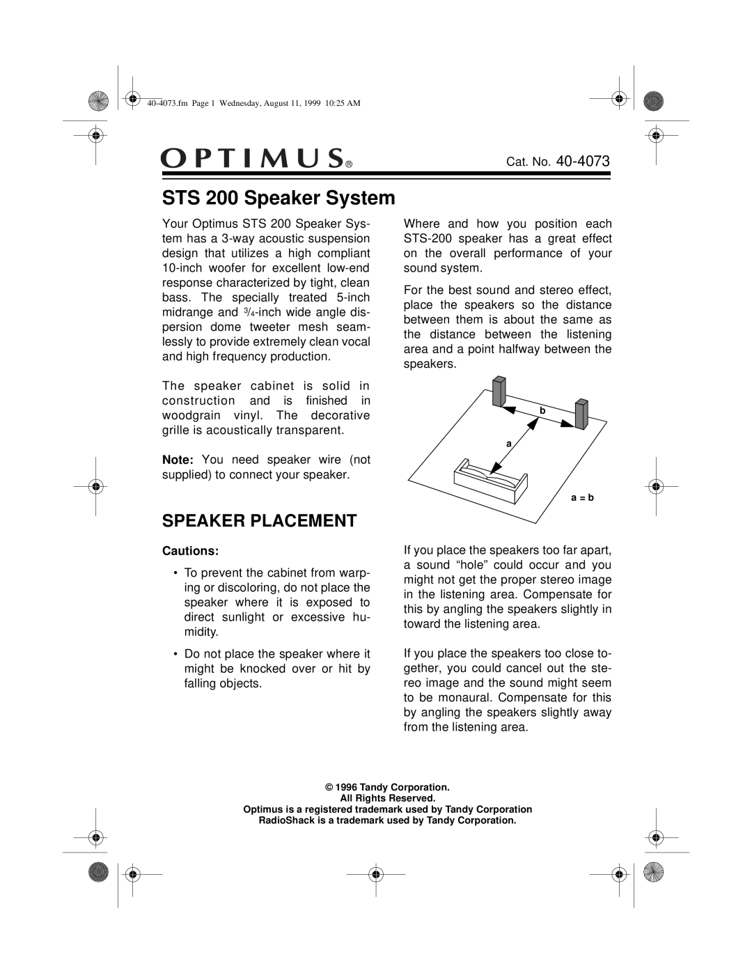 Optimus manual Speaker Placement, Cautions, STS 200 Speaker System 