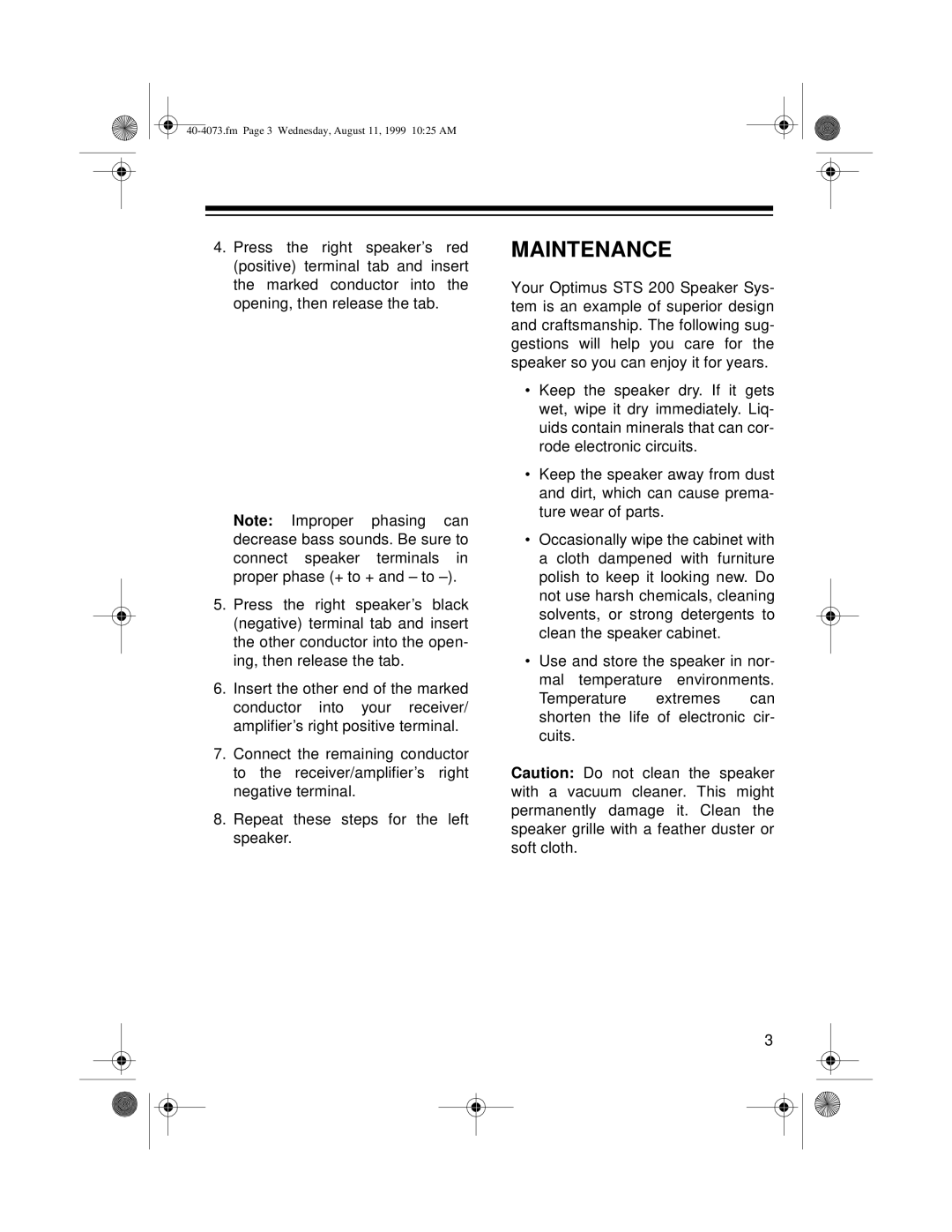Optimus STS 200 manual Maintenance 