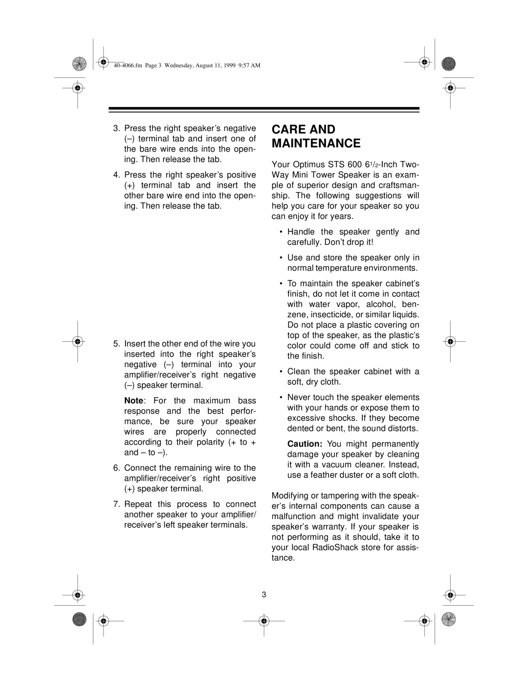 Optimus STS 600 manual Care Maintenance 