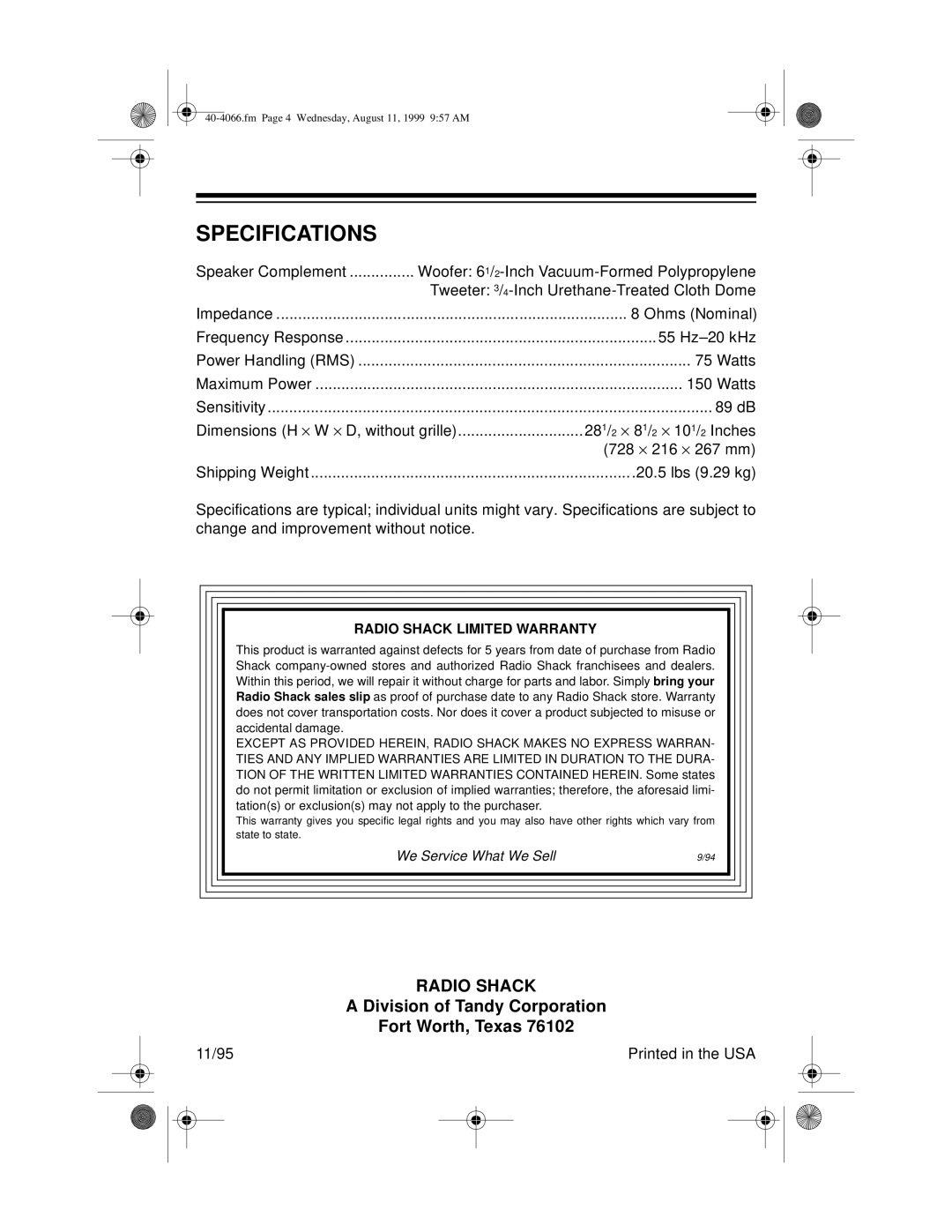 Optimus STS 600 manual Specifications, Radio Shack Limited Warranty 