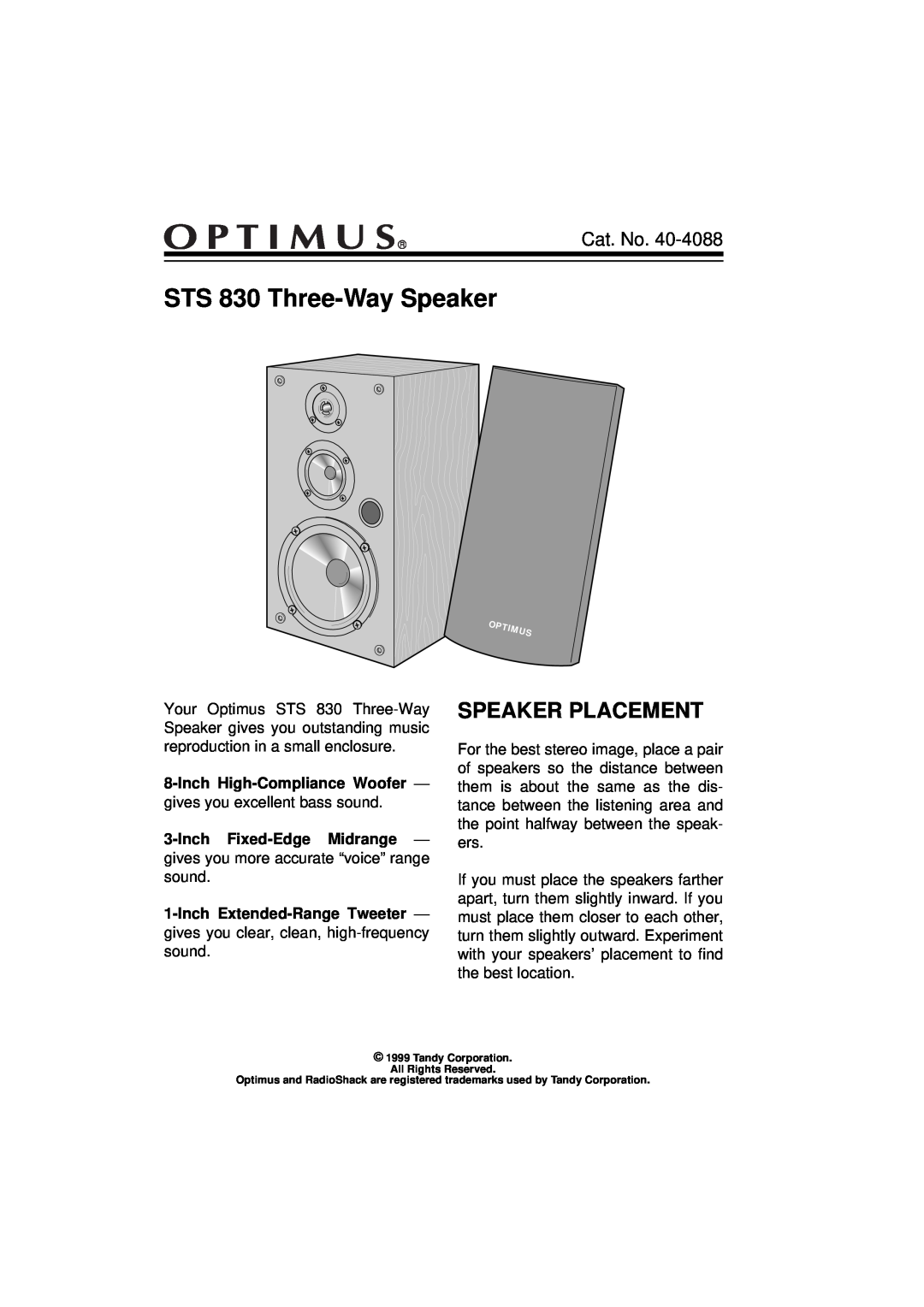 Optimus manual Speaker Placement, STS 830 Three-WaySpeaker, Cat. No 