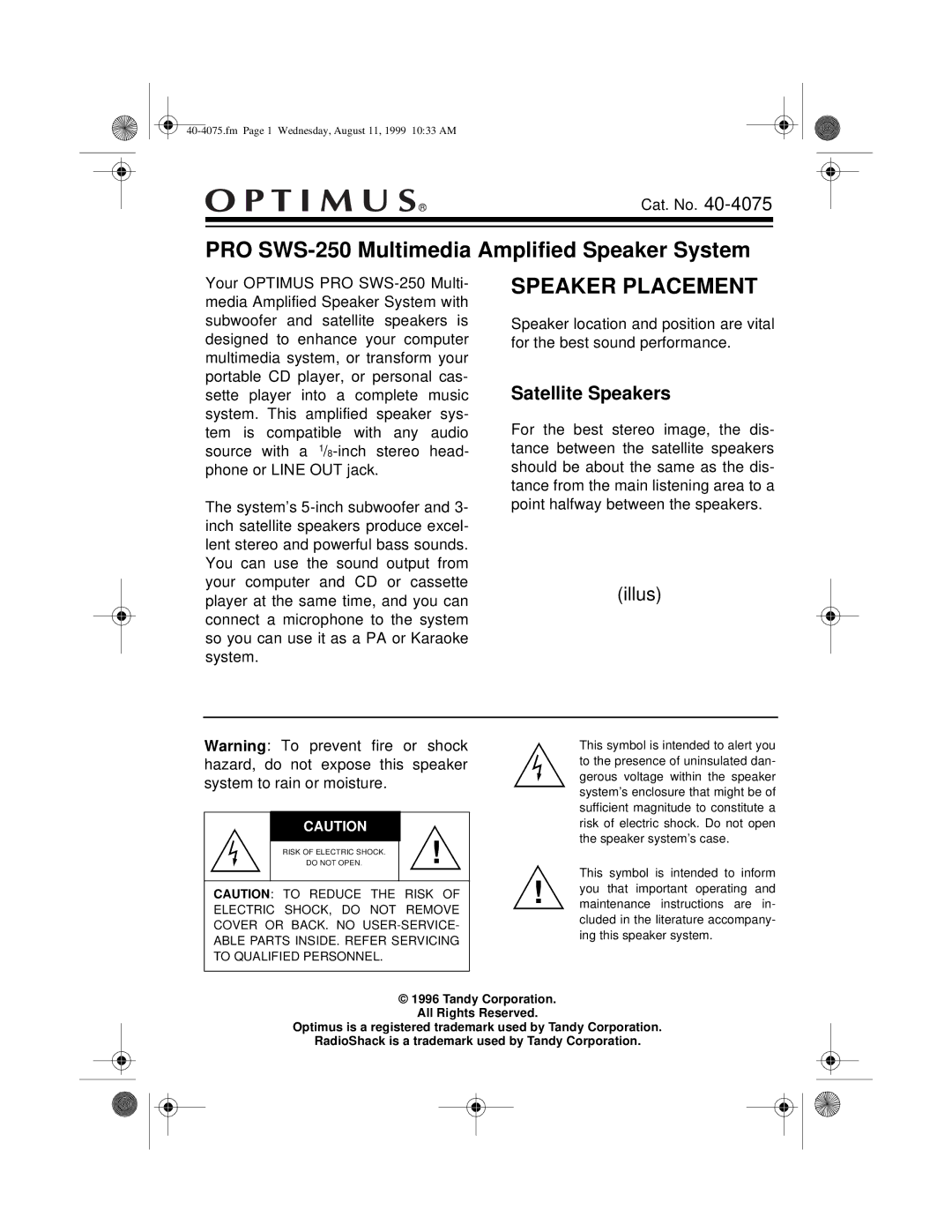 Optimus SWS-250 user service Speaker Placement, Satellite Speakers 