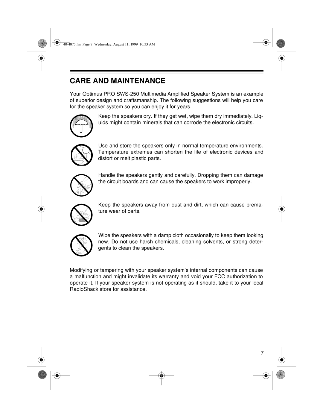 Optimus SWS-250 user service Care and Maintenance 