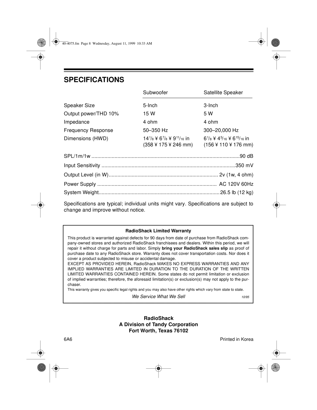 Optimus SWS-250 user service Specifications, RadioShack Limited Warranty 