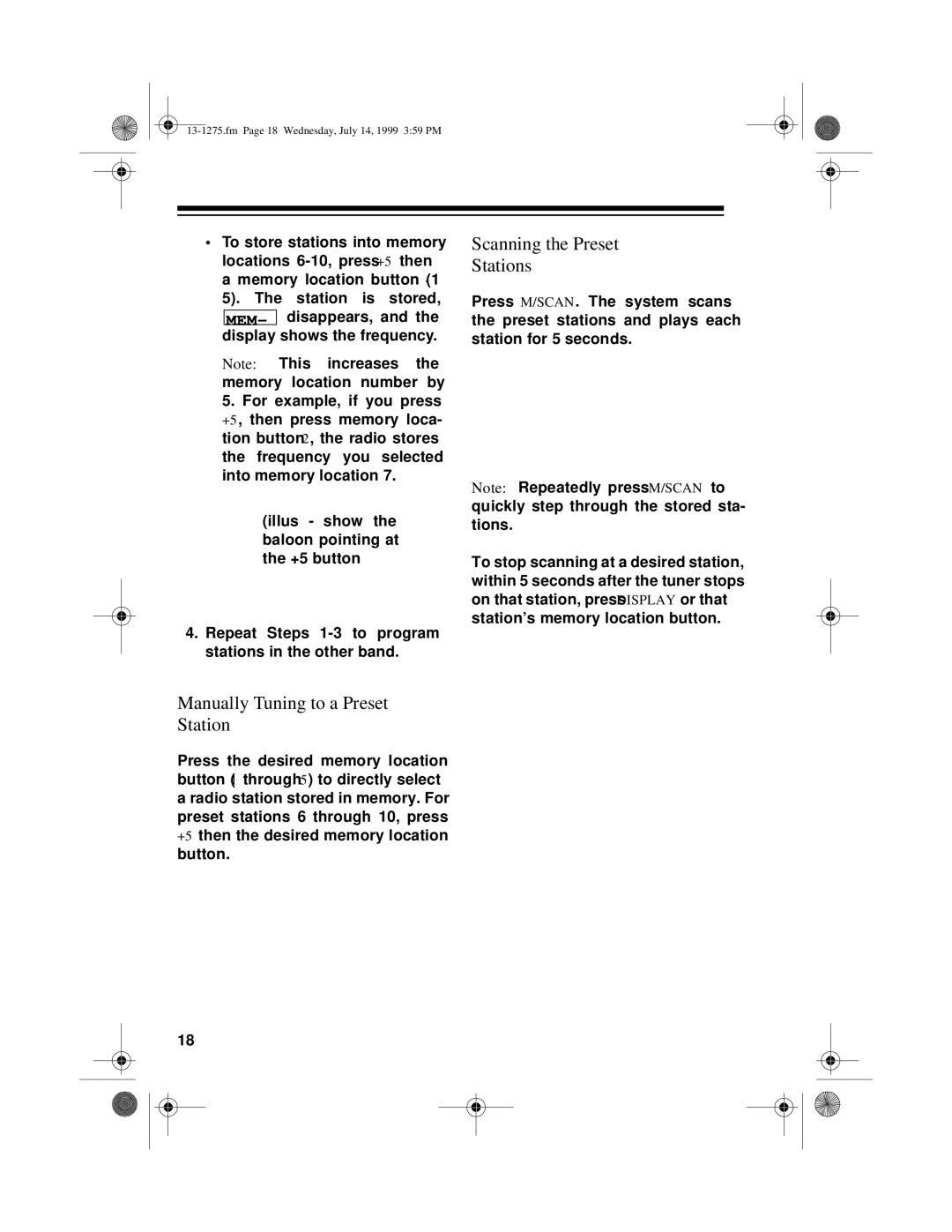 Optimus SYSTEM 728 owner manual Manually Tuning to a Preset Station, Scanning the Preset Stations 