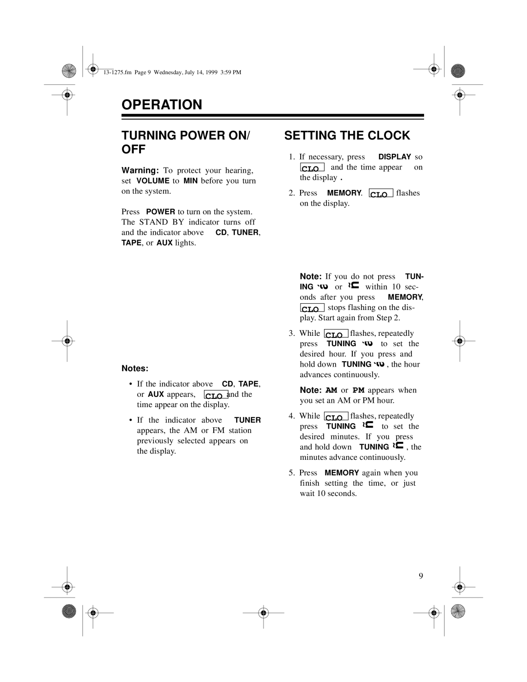 Optimus SYSTEM 728 owner manual Operation, Turning Power ON/ OFF, Setting the Clock 