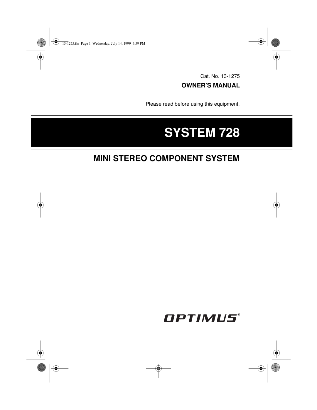 Optimus SYSTEM 728 owner manual Mini Stereo Component System, fmPage 1 Wednesday, July 14, 1999 3 59 PM 