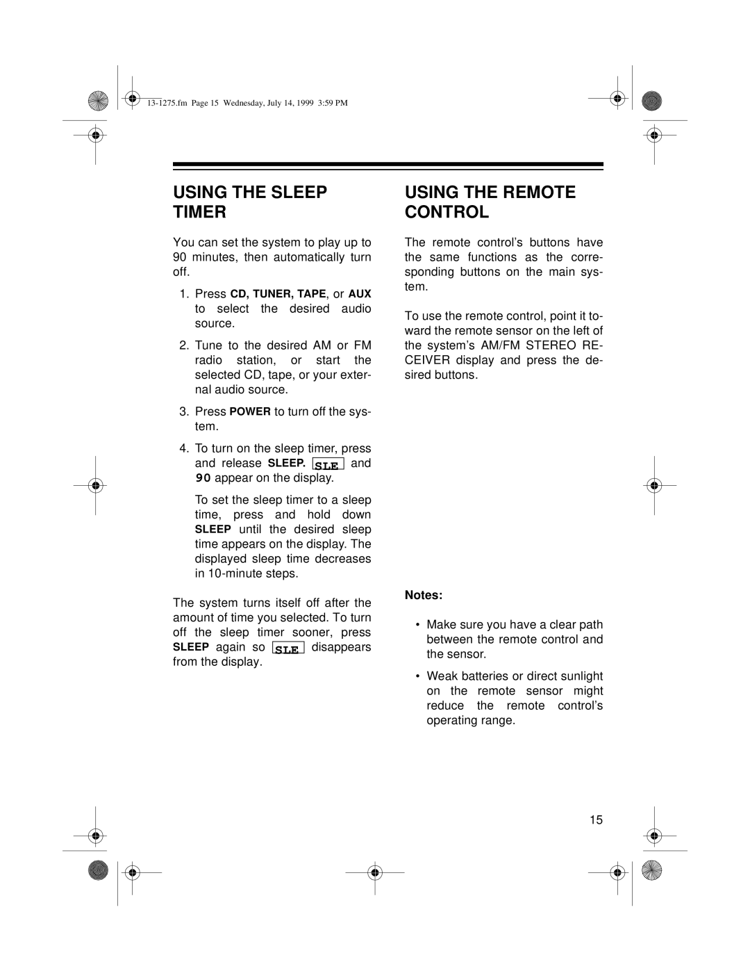 Optimus SYSTEM 728 owner manual Using The Sleep Timer, Using The Remote Control 