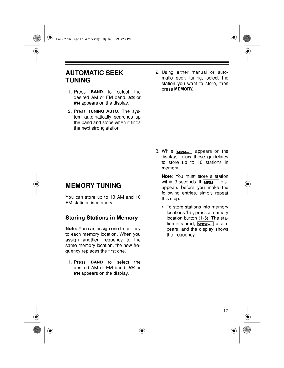 Optimus SYSTEM 728 owner manual Automatic Seek Tuning, Memory Tuning, Storing Stations in Memory 