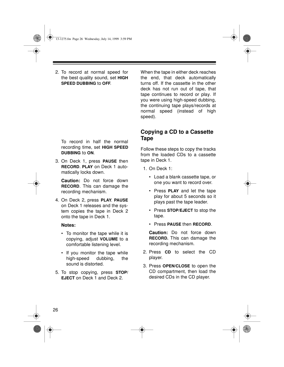 Optimus SYSTEM 728 owner manual Copying a CD to a Cassette Tape 