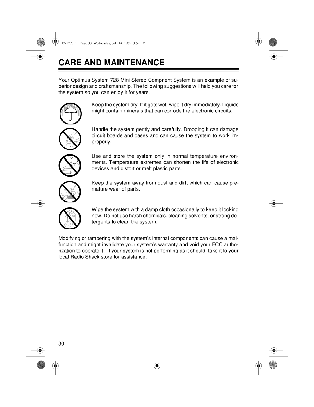 Optimus SYSTEM 728 owner manual Care And Maintenance 