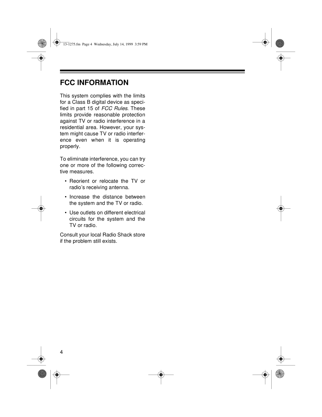 Optimus SYSTEM 728 owner manual Fcc Information 