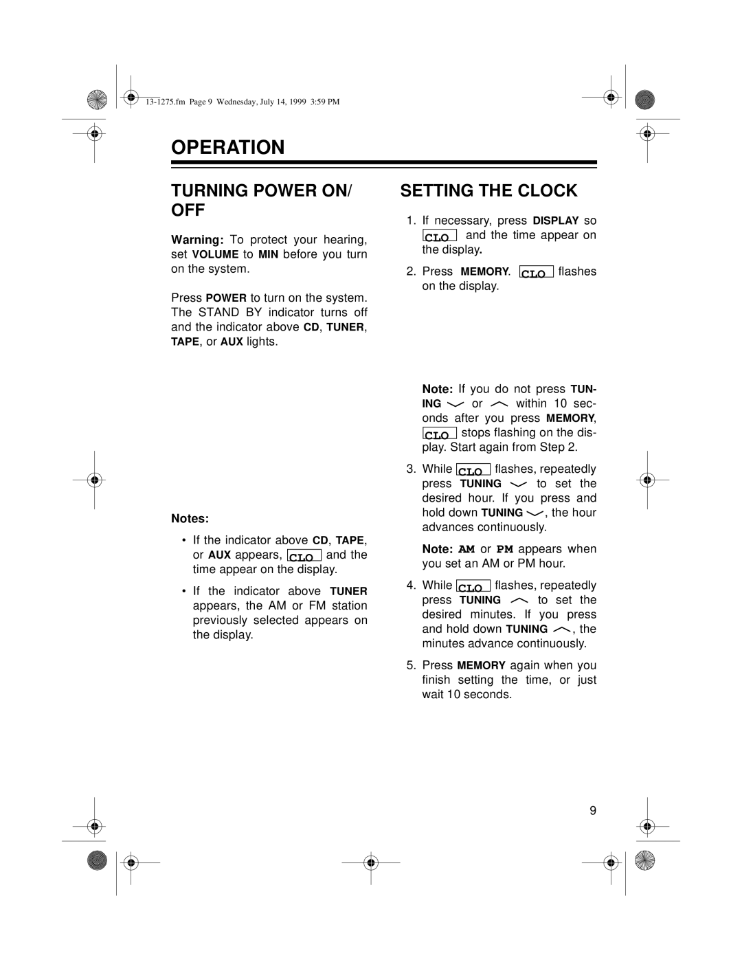 Optimus SYSTEM 728 owner manual Operation, Turning Power On/ Off, Setting The Clock 