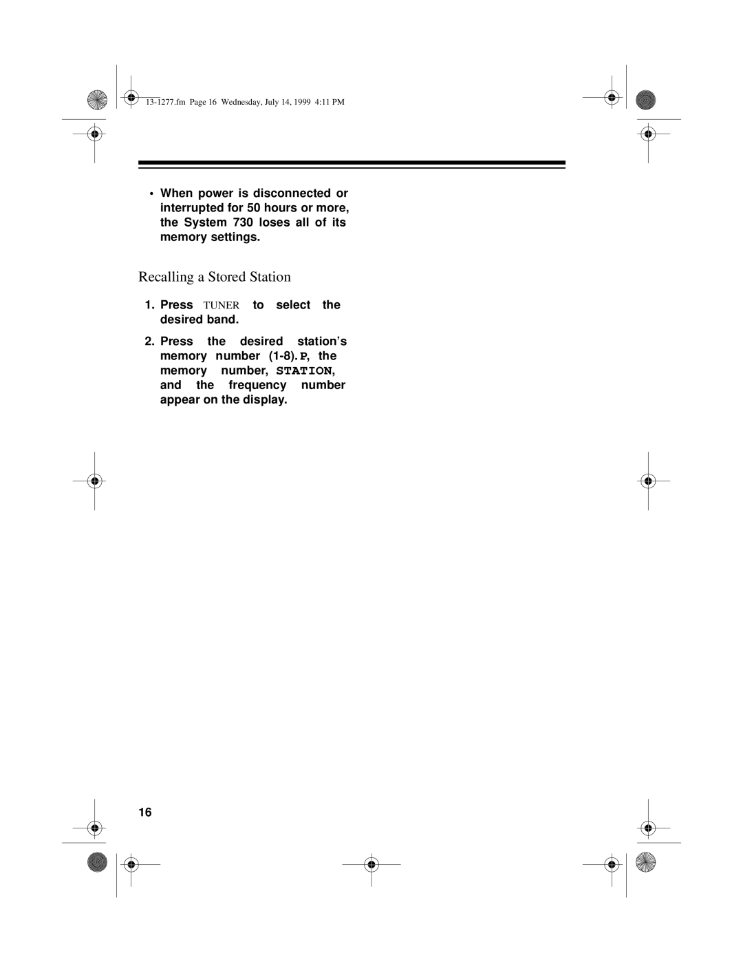 Optimus SYSTEM 730 owner manual Recalling a Stored Station 