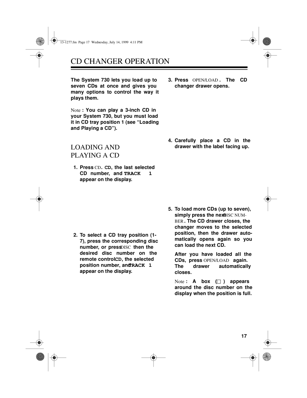 Optimus SYSTEM 730 owner manual CD Changer Operation, Loading Playing a CD 