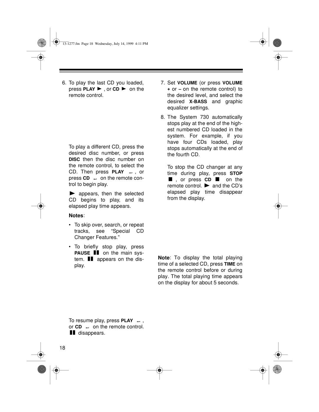 Optimus SYSTEM 730 owner manual Fm Page 18 Wednesday, July 14, 1999 411 PM 