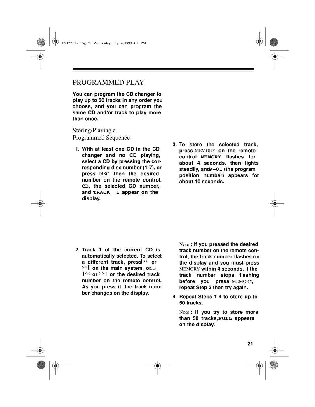 Optimus SYSTEM 730 owner manual Programmed Play, Storing/Playing a Programmed Sequence 