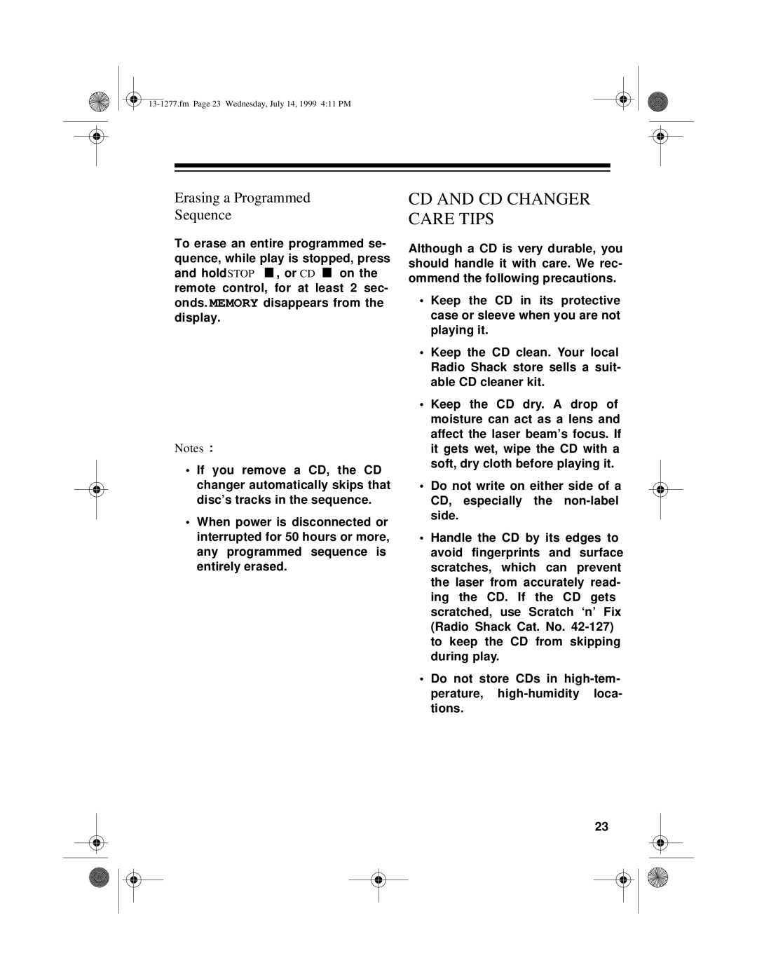 Optimus SYSTEM 730 owner manual CD and CD Changer Care Tips, Erasing a Programmed Sequence 