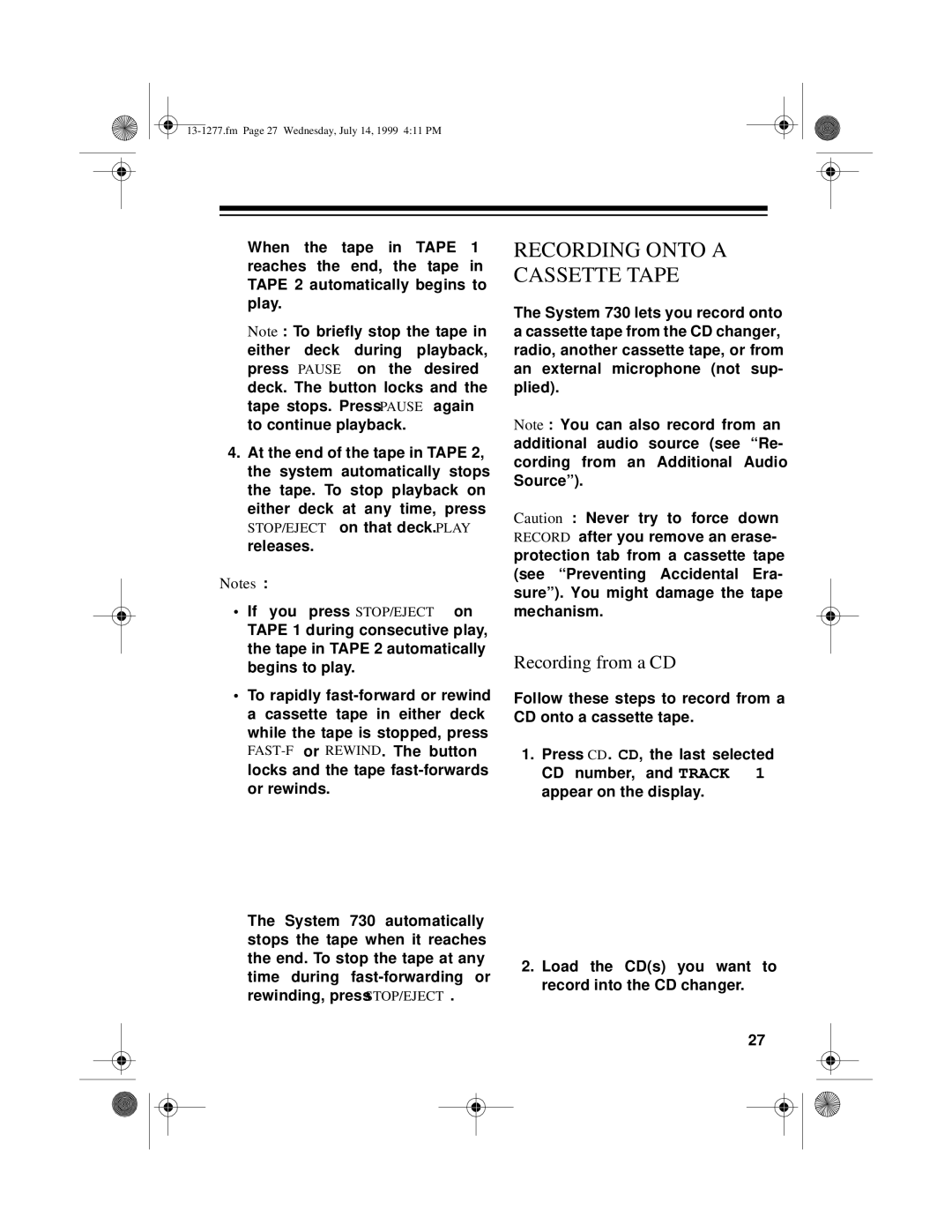 Optimus SYSTEM 730 owner manual Recording Onto a Cassette Tape, Recording from a CD 