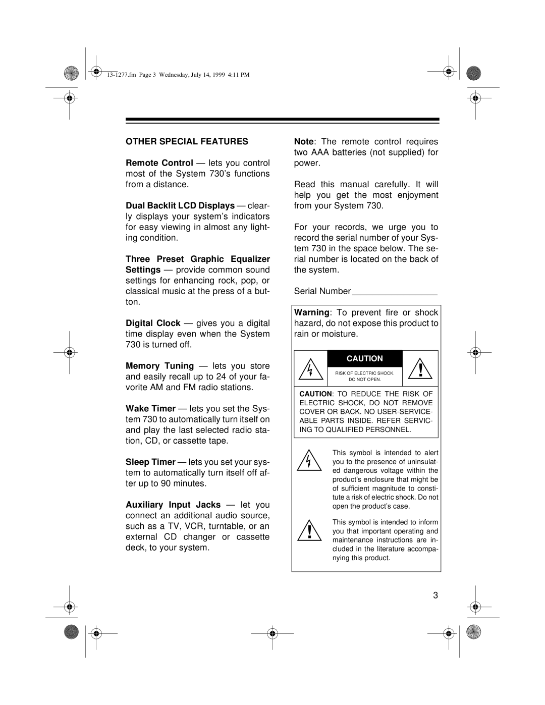 Optimus SYSTEM 730 owner manual Other Special Features 