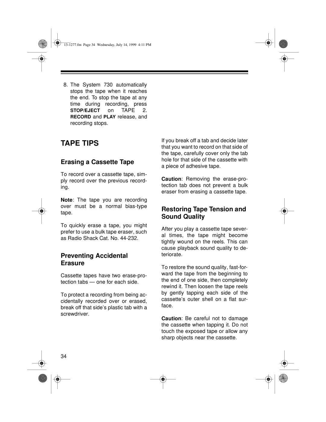 Optimus SYSTEM 730 owner manual Tape Tips, Erasing a Cassette Tape, Preventing Accidental Erasure 