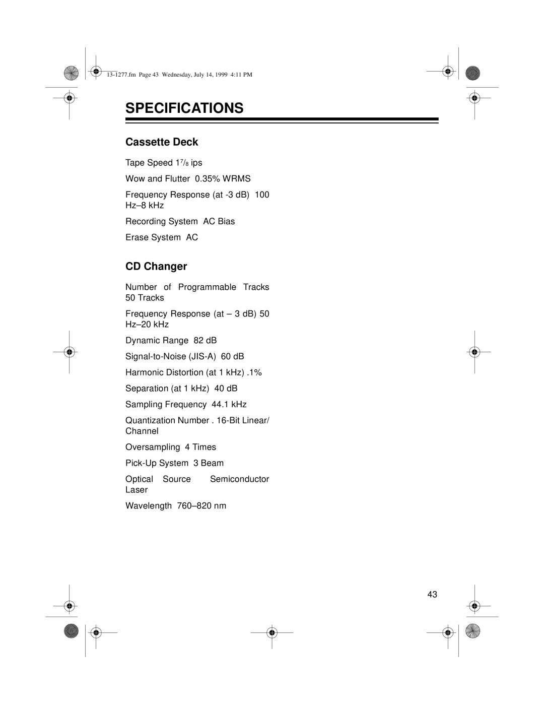 Optimus SYSTEM 730 owner manual Specifications, Cassette Deck, CD Changer 