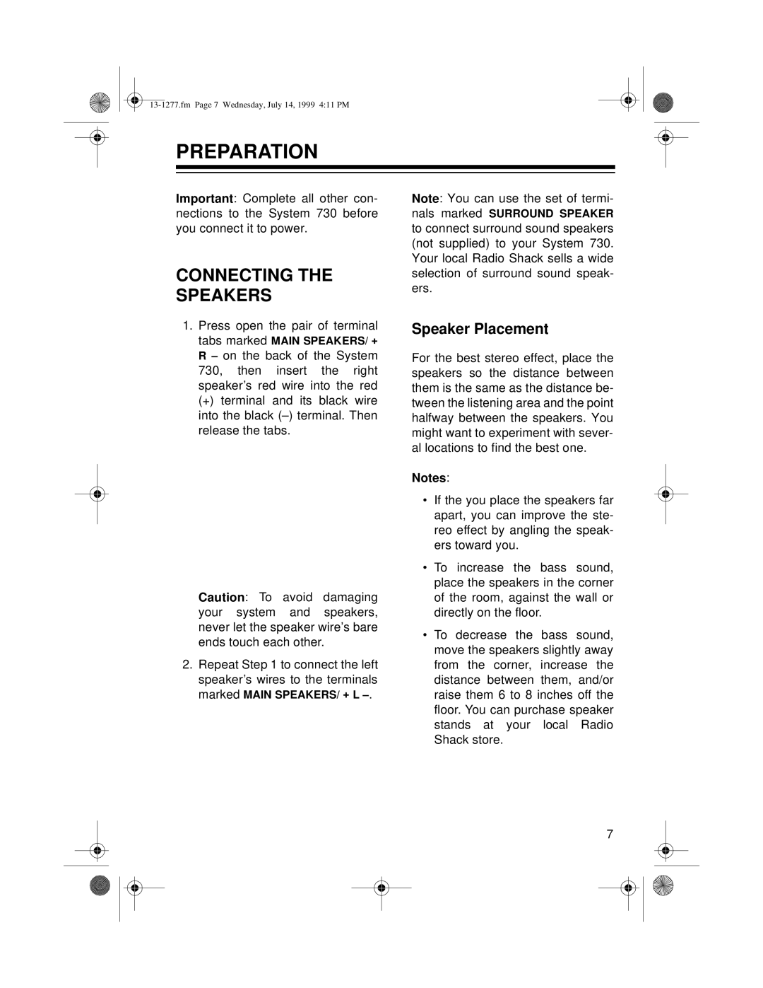 Optimus SYSTEM 730 owner manual Preparation, Connecting the Speakers, Speaker Placement 