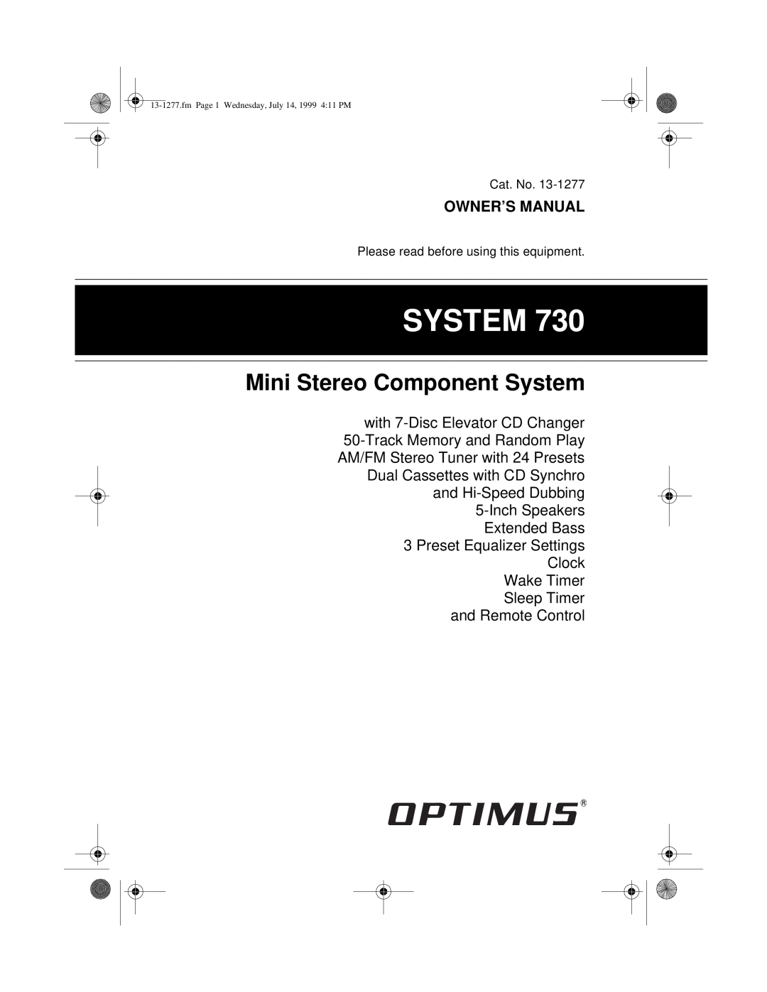 Optimus SYSTEM 730 owner manual Mini Stereo Component System, Preset Equalizer Settings Clock Wake Timer 