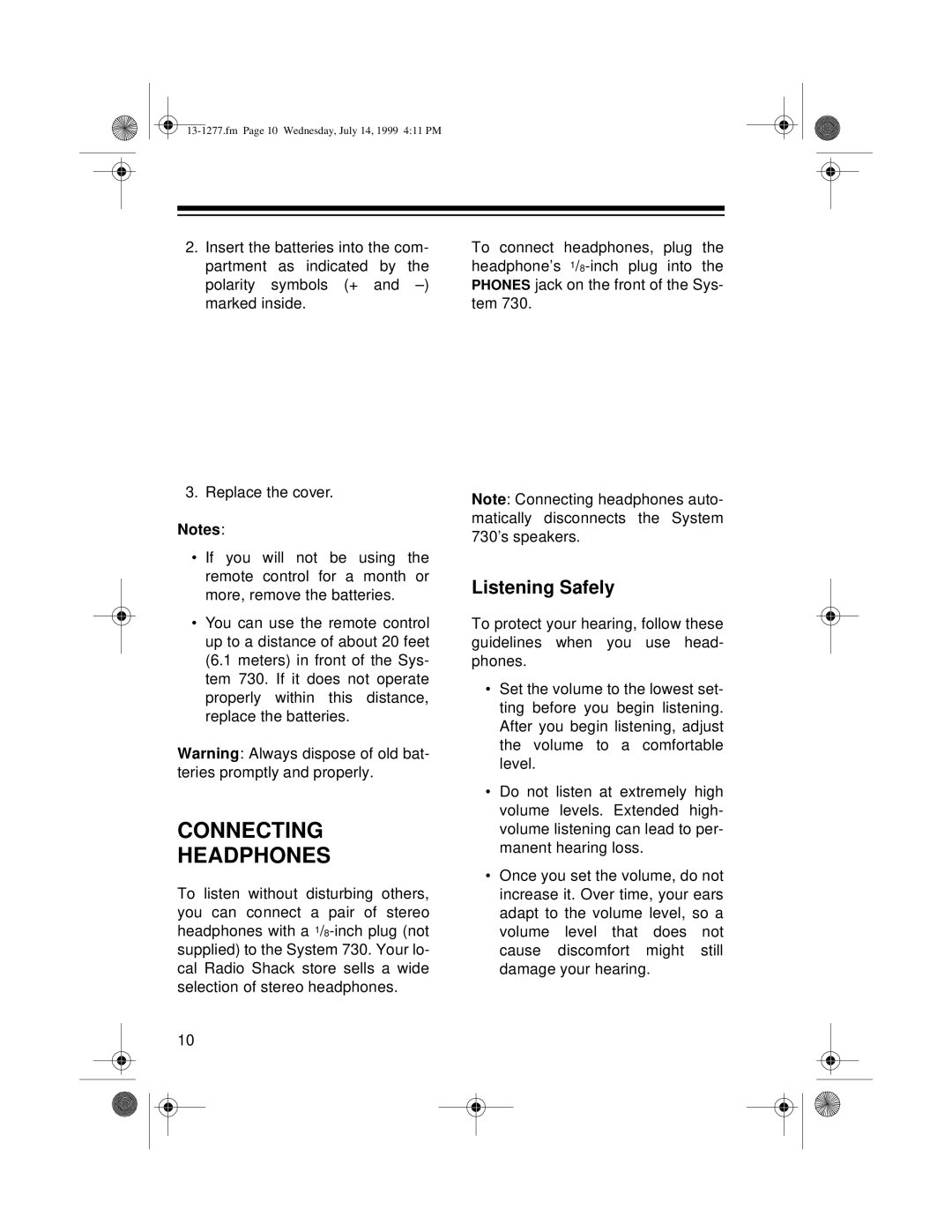 Optimus SYSTEM 730 owner manual Connecting Headphones, Listening Safely 