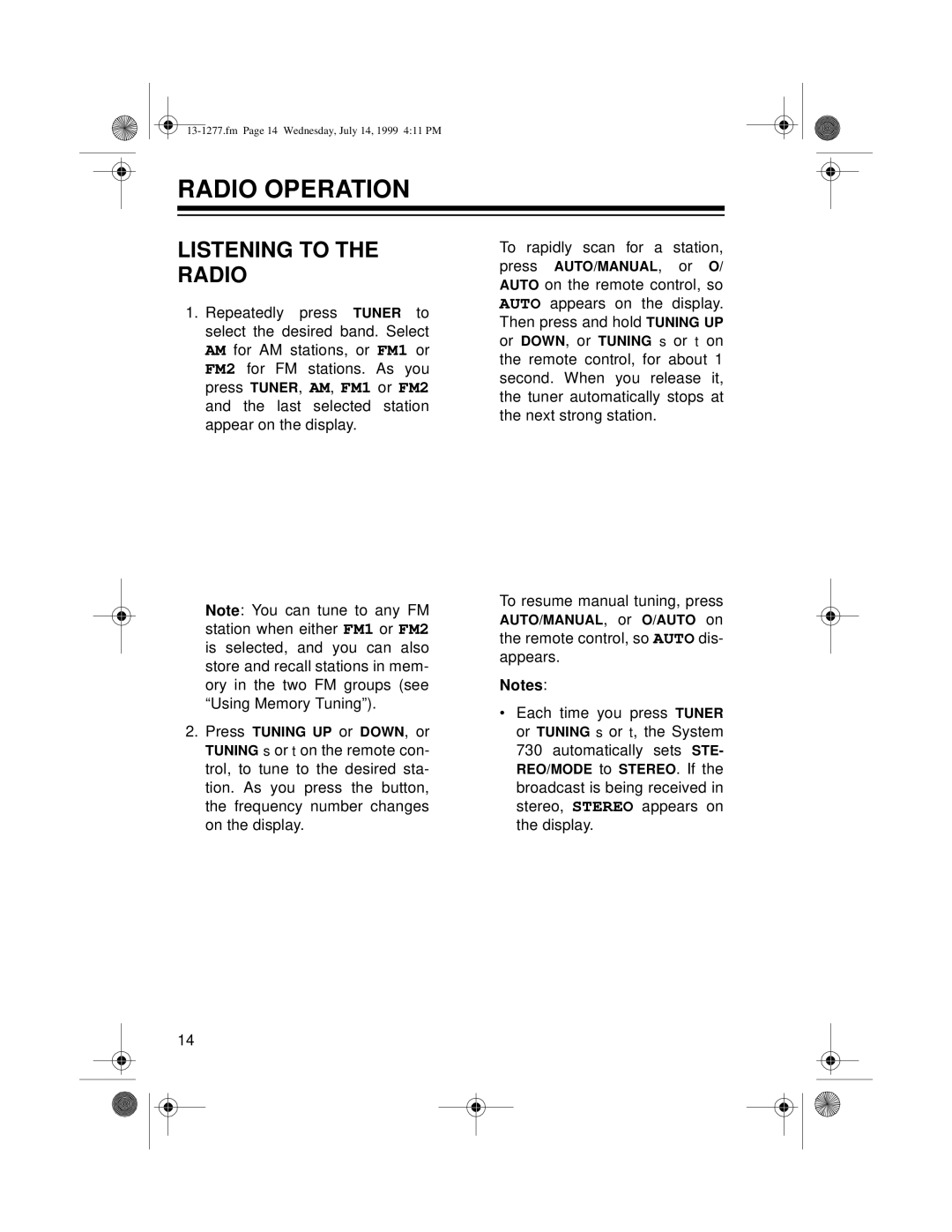 Optimus SYSTEM 730 owner manual Radio Operation, Listening To The Radio 