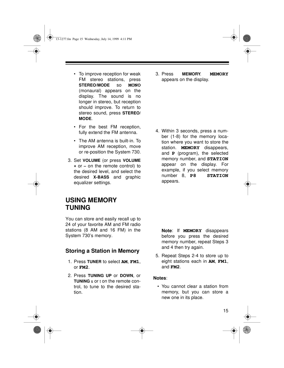 Optimus SYSTEM 730 owner manual Using Memory Tuning, Storing a Station in Memory 