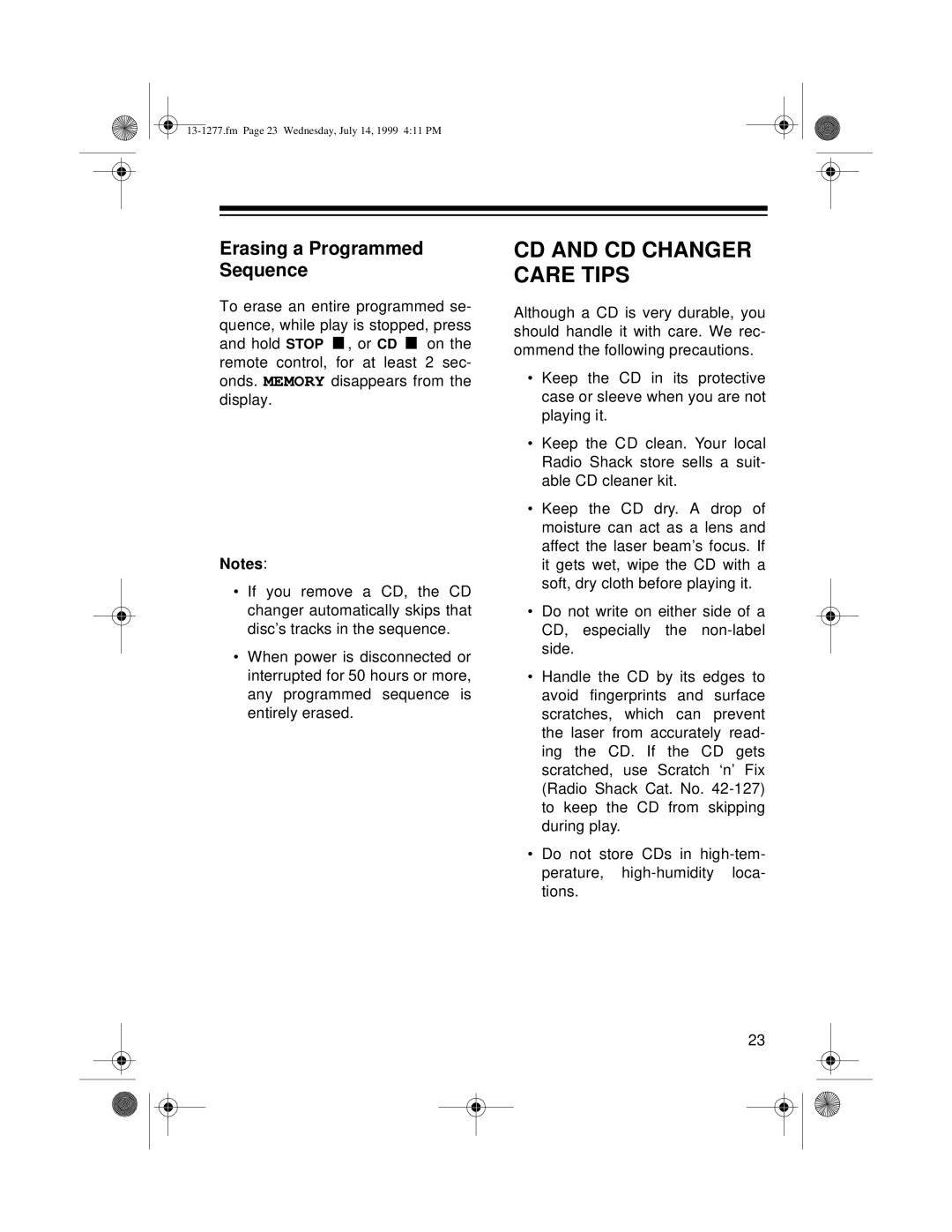 Optimus SYSTEM 730 owner manual Cd And Cd Changer Care Tips, Erasing a Programmed Sequence 