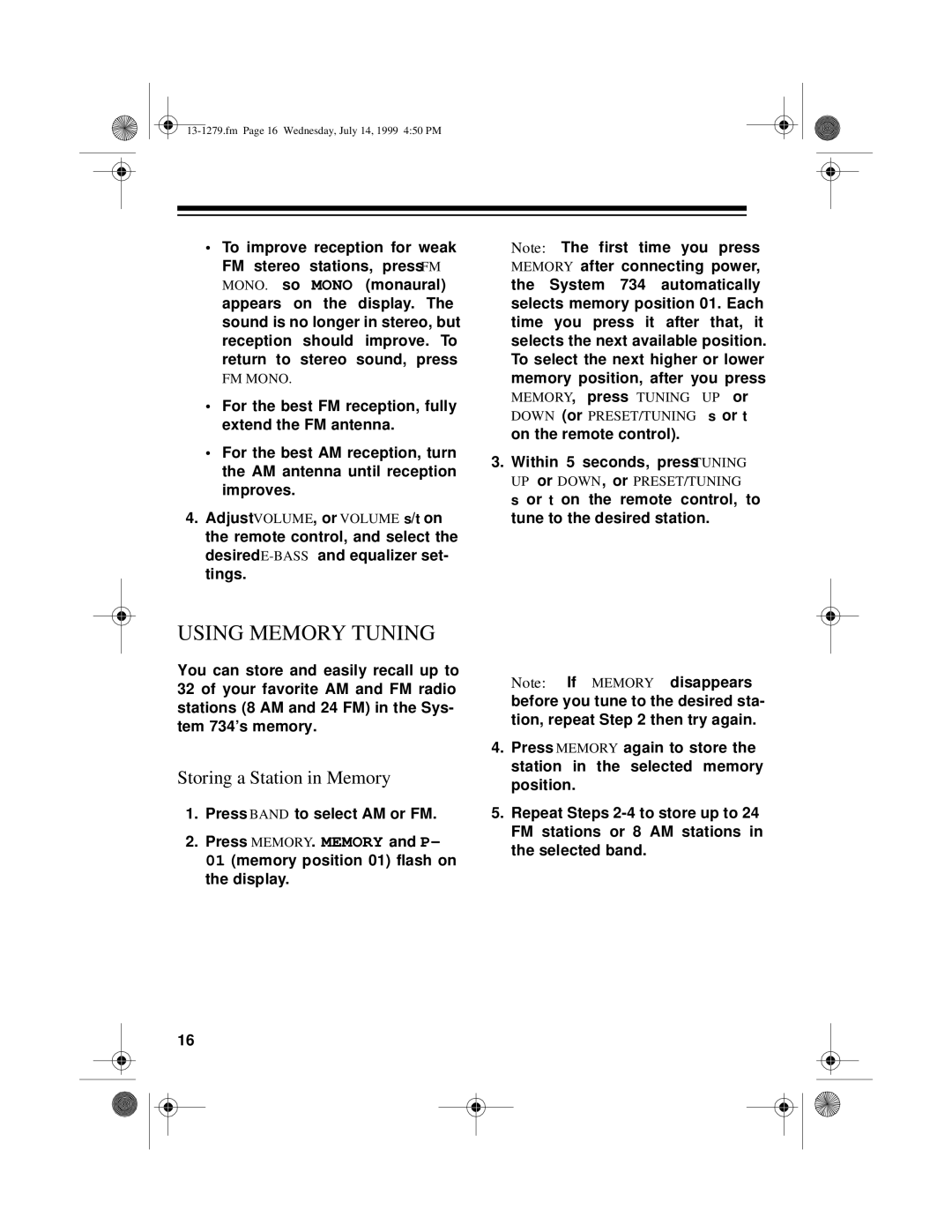 Optimus SYSTEM 734 owner manual Using Memory Tuning, Storing a Station in Memory 